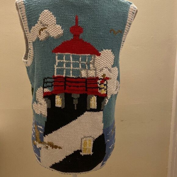 Eagle's Eye Vintage Lighthouse Coastal Themed Cardigan Sweater Vest Womens Sz L - Picture 7 of 16